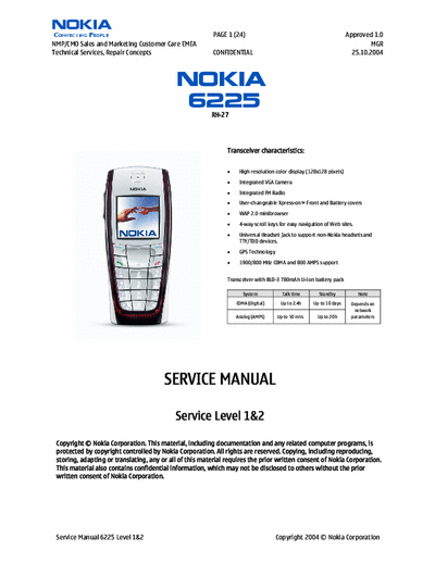 Nokia 6225 Service Manual Gsm Telephone GPS Level 1 & 2 (25.10.2004) - (2.421Kb) Part 1/2 - pag. 24